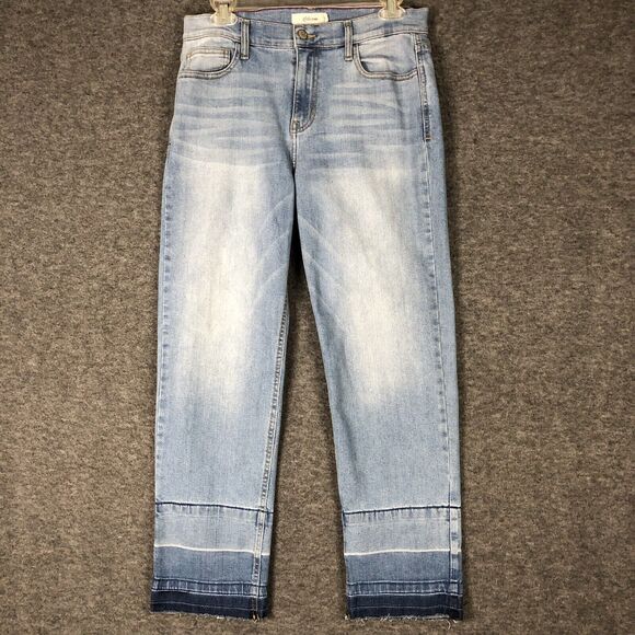 Cello Straight Jeans Womens 9 Stacked Raw Hem Blue Mid Rise Med Wash Stretch - Picture 1 of 14